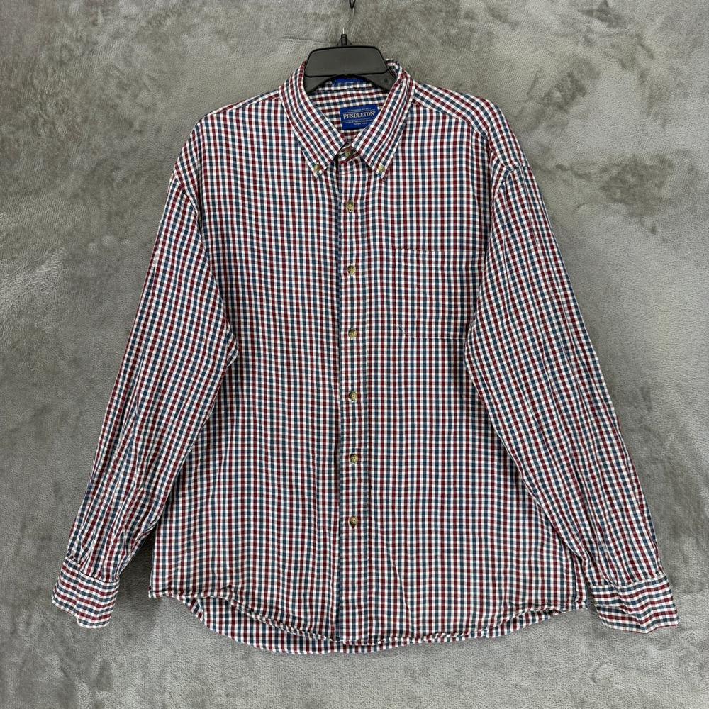 Pendleton Varsity Shirt Mens XL Red Blue White Gingham Cotton Button Down 24670